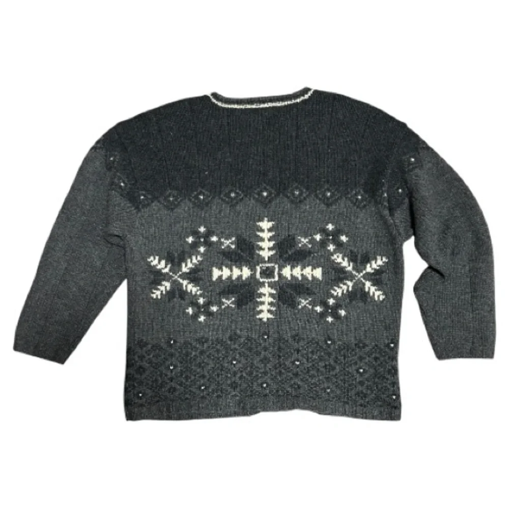 Vintage 100% Wool Hand Knit Sweater Black Gray Size Large